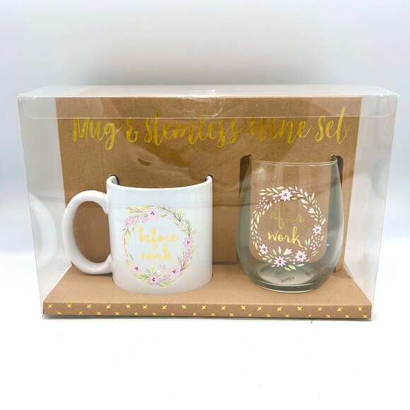 NIP BEFORE & AFTER WORK STEMLESS WINE GLASS COFFEE MUG FLORAL GIFT SET CHRISTMAS - Picture 2 of 6